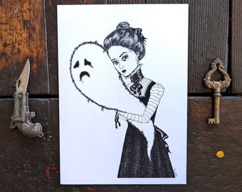 So Hard to Let Go - ghost art - gothic home decor - goth ink illustration - fine art print 5x7