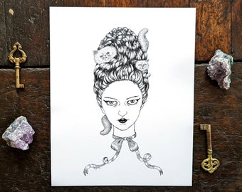 Marie Catoinette - cat art - Marie Antoinette decor - ink illustration - wall art print - goth home decor