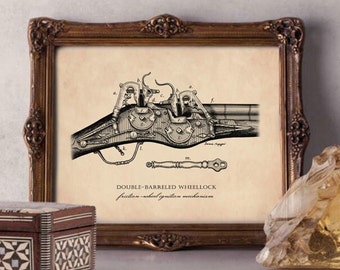 Diagram of a Double-Barreled Wheellock Mechanism.  (Digital Download)  Ink drawing by Domenic Magazzeni