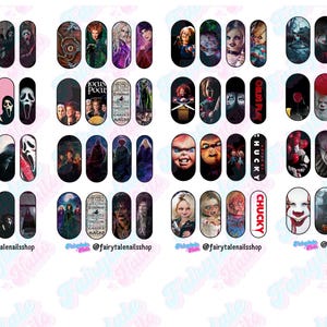 May include: A collection of nail art decals featuring horror movie characters and themes. Designs include images of the Scream mask, the Sanderson sisters, Chucky, and Pennywise. The decals are in various colors and shapes.