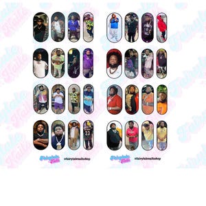 May include: Nail art decals showcasing images of a person in various outfits. The oval-shaped decals are arranged in rows. The text "Fairytale Nails" and a social media handle are visible on the image.