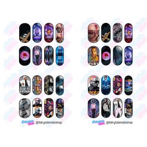May include: Set of 24 nail art stickers featuring various images, including portraits, abstract designs, and text. The stickers are printed on a clear background and are ready to be applied to nails.
