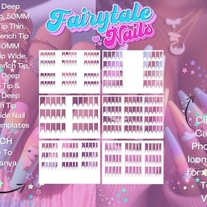 Pode incluir: Um conjunto de 6 modelos de arte de unhas imprimíveis para decalques de unhas de transferência de água. Os modelos apresentam diferentes tamanhos e formas de designs de unhas com ponta francesa. Os modelos são etiquetados com medidas em milímetros. O texto "Fairytale Nails" está na parte superior da imagem. O texto "Clique nos ícones Canva ou Photoshop acima para ver os vídeos de como editar" está na parte inferior da imagem.