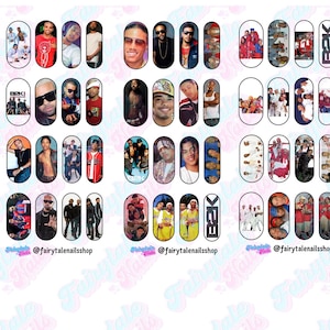 Puede incluir: Calcomanías de arte de uñas con imágenes de músicos y bandas. Las calcomanías ovaladas muestran caras y grupos. Algunas presentan el texto "BBK" y "BECK". El fondo es blanco.