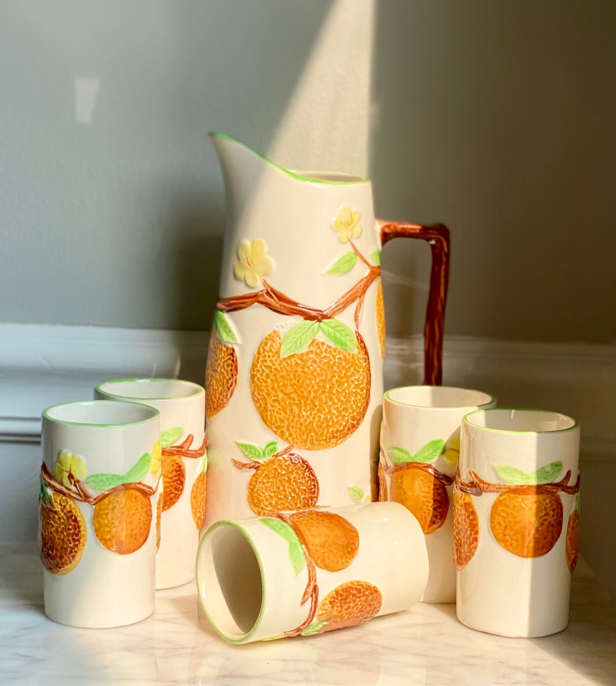 Hand Painted Oranges Leaves Orange Blossom Glass Juice Pitcher