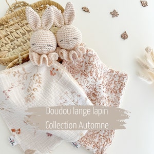 Rabbit comforter for baby ~ Crochet swaddle comforter and cotton gauze ~ Customizable handmade comforter ~ Birth/babyshower gift idea