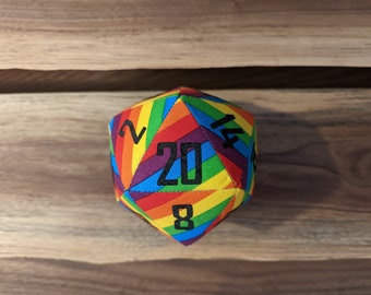 d20 / Rainbow LGBTQIA+ Pride pattern / oversized handmade fabric DnD/RPG polyhedral die