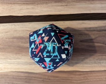 d20 / Blue and Teal Retro Triangles pattern / oversized 5" handmade fabric DnD polyhedral die