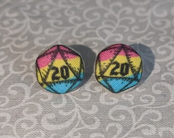 Pansexual d20 fabric stud earrings / stainless steel posts / hypoallergenic