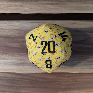 d20 / glitter bees pattern / oversized 5 handmade fabric DnD/RPG polyhedral die image 1