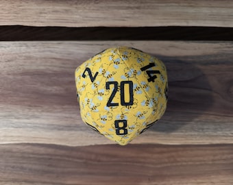 d20 / glitter bees pattern / oversized 5" handmade fabric DnD/RPG polyhedral die