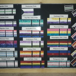 Puede incluir: Un tablero de anuncios negro con varias banderas de orgullo exhibidas. Las banderas est&aacute;n etiquetadas con sus identidades correspondientes, incluyendo ag&eacute;nero, asexual, big&eacute;nero, bisexual, demiboy, demigirl, demisexual, genderfluid, genderqueer, hombres gay, lesbiana, LGBTQIA, no binario, pansexual, orgullo de Filadelfia (POC), poliamoroso y transg&eacute;nero.