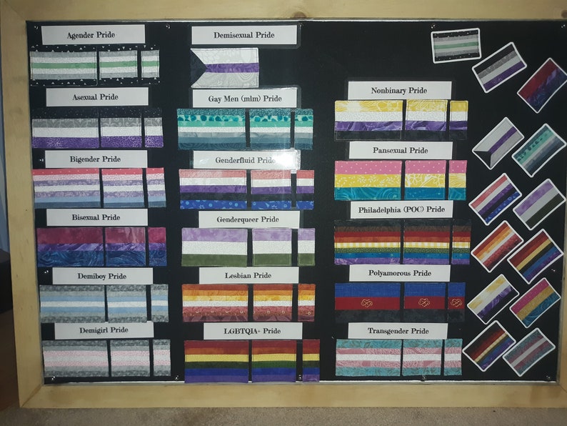 Puede incluir: Un tablero de anuncios negro con varias banderas de orgullo exhibidas. Las banderas est&aacute;n etiquetadas con sus identidades correspondientes, incluyendo ag&eacute;nero, asexual, big&eacute;nero, bisexual, demiboy, demigirl, demisexual, genderfluid, genderqueer, hombres gay, lesbiana, LGBTQIA, no binario, pansexual, orgullo de Filadelfia (POC), poliamoroso y transg&eacute;nero.