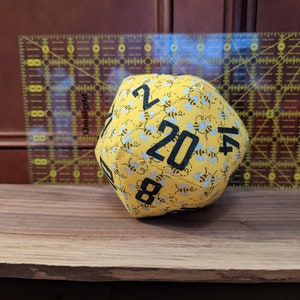 d20 / glitter bees pattern / oversized 5 handmade fabric DnD/RPG polyhedral die image 2