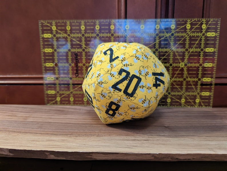 d20 / glitter bees pattern / oversized 5 handmade fabric DnD/RPG polyhedral die image 2