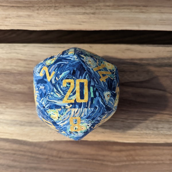 d20 / Starry Night pattern / 5" oversized fabric DnD polyhedral die