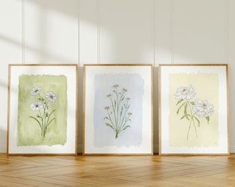 Printable Botanical Print Set, 3 Piece Floral Wall Decor, Cottagecore Prints, Farmhouse Wall Decor, Floral Nursery Art, Printable Wall Art