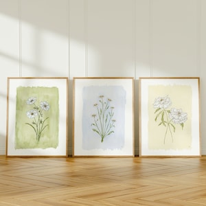 3 Piece Botanical Print Set, Floral Wall Decor, Watercolor Print Set, Cottagecore Prints, Farmhouse Wall Decor, Floral Nursery Art