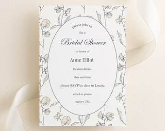 Elegant Floral Bridal Shower Invitation Template, Blue Bridal Shower, Printable Bridal