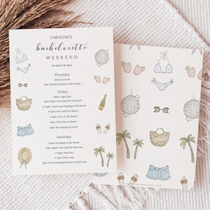 Könnte beinhalten: Ein druckbarer Reiseplan für ein Bachelorette-Wochenende mit einem hellrosa Hintergrund und Illustrationen von Sonnenbrillen, Flip-Flops, einer Strandtasche, einem Bikini und einer Discokugel. Der Reiseplan enthält einen Zeitplan für die Veranstaltungen für Donnerstag, Freitag und Samstag. Der Text lautet "CAROLINE'S bachelorette WEEKEND location & date Donnerstag Ganztagesankünfte 19 Uhr: Getränke und Abendessen im Haus Freitag 10 Uhr: Yoga-Kurs 11-12 Uhr: Machen Sie sich bereit für den Strand 12-16 Uhr: Mittagessen und Sonnenbaden am Strand 16-17 Uhr: Machen Sie sich bereit für das Abendessen 17-18 Uhr: Fotos am Strand 18 Uhr: Partybus zum Abendessen 21 Uhr: Kneipentour in der Stadt Samstag 10 Uhr: Frühstück im Haus 11-12 Uhr: Machen Sie sich bereit für den Bootstag 12-16 Uhr: Bootstag! 16-17 Uhr: Auszeit 17 Uhr: Pizza und Pyjama-Party im Haus"