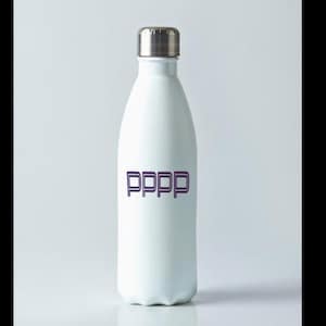 May include: White insulated water bottle with a silver cap. The bottle has the word "pppp" in purple letters. The bottle is designed to keep beverages cold or hot. The bottle is made of stainless steel.
