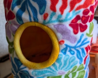 Colorful Coral Swirls Mose Mansion - Hanging Fleece House for Small Rodents - Round Nest for Squirrels, Ferrets, Rats, and other Critters