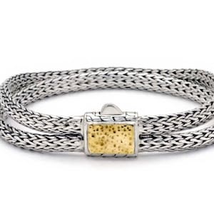 Silver and Gold two rows bracelet, Dragon Bone Chain, Gold  Hammered Finished clasp