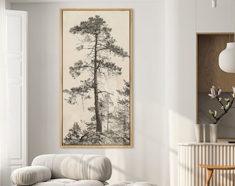 Framed Canvas Large Wall Art Prints Sketch Pine Tree Artwork Landscape Illustrations Vintage Panoramic Wall Art Farmhouse Decor