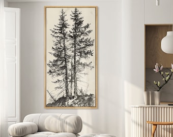 Framed Canvas Large Wall Art Prints Sketch Black Pine Tree Landscape Plant Artwork Illustrations Vintage Panoramic Art Print Decor