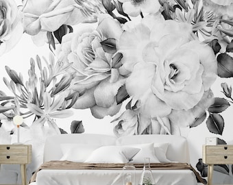 Wallpaper Wildflower Fabric Art Peel and Stick Wall Mural Black and White Watercolor Botanical Flower Wall Art Decor Self Adhesive