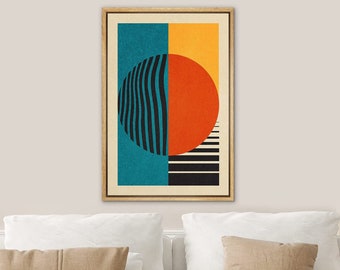 DustinWay Framed Canvas Print Wall Art Bauhaus Blue Red Geometric Sun Abstract Illustration Mid Century Modern Wall Art Minimalist Decor