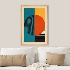 DustinWay Framed Canvas Print Wall Art Bauhaus Blue Red Geometric Sun Abstract Illustration Mid Century Modern Wall Art Minimalist Decor