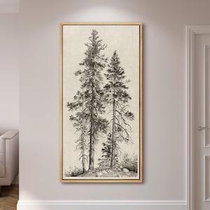 May include: A framed black and white print of three tall pine trees. The artwork is displayed in a room with light-colored walls, a white door, and a light wood frame. The print has a neutral color palette.