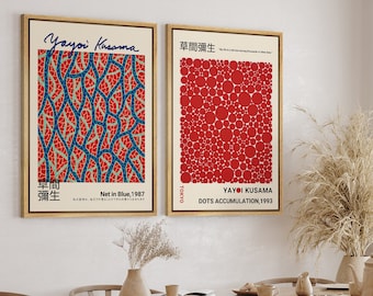 DustinWay Framed Canvas Print Wall Art Set of 2 Blue Red Dots by Yayoi Kusama Japanese Modern Art Minimalist Decor