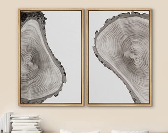 DustinWay Framed Canvas Print Wall Art Set of 2 Black and White Wood Tree Ring Modern Art Minimalist Decor