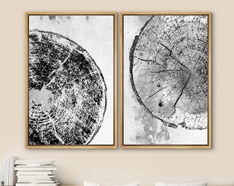 DustinWay Framed Canvas Print Wall Art Set of 2 Grunge Dark Wood Tree Ring Illustrations Modern Art Minimalist Decor