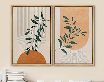 DustinWay Framed Canvas Print Wall Art Set of 2 Geometric Plants Polygons Abstract Shapes Illustration Mid Century Modern Art Boho Decor