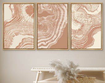 DustinWay Framed Canvas Print Wall Art Set of 3 Orange Wood Tree Rings Abstract Illustrations Minimalist Modern Art Boho Decor