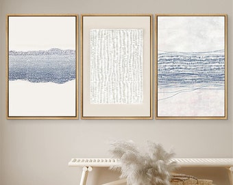 DustinWay Framed Canvas Print Wall Art Set of 3 Blue White Abstract Illustration Modern Art Neutral Minimalist Decor