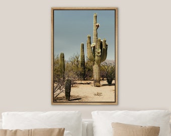 DustinWay Framed Canvas Print Wall Art Southwest Saguaro Cactus Desert Landscape Photography Minimalist Modern Art Western Decor