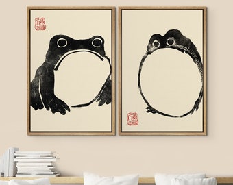 DustinWay Framed Canvas Print Wall Art Set of 2 Japanese Frogs by Matsumoto Hoji Modern Art Minimalist Vintage Decor