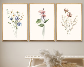 DustinWay Framed Canvas Print Wall Art Set Watercolor Wildflower Floral Botanical Illustrations Modern Art Minimalist Decor