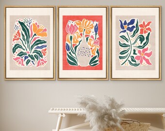 DustinWay Framed Canvas Print Wall Art Set of 3 Abstract Floral Botanical Illustrations Modern Art Minimalist Boho Decor