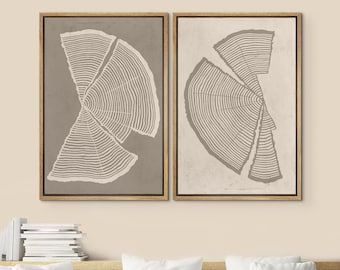 DustinWay Framed Canvas Print Wall Art Set of 2 Pastel Beige Wood Tree Rings Abstract Illustrations Minimalist Modern Art Boho Decor