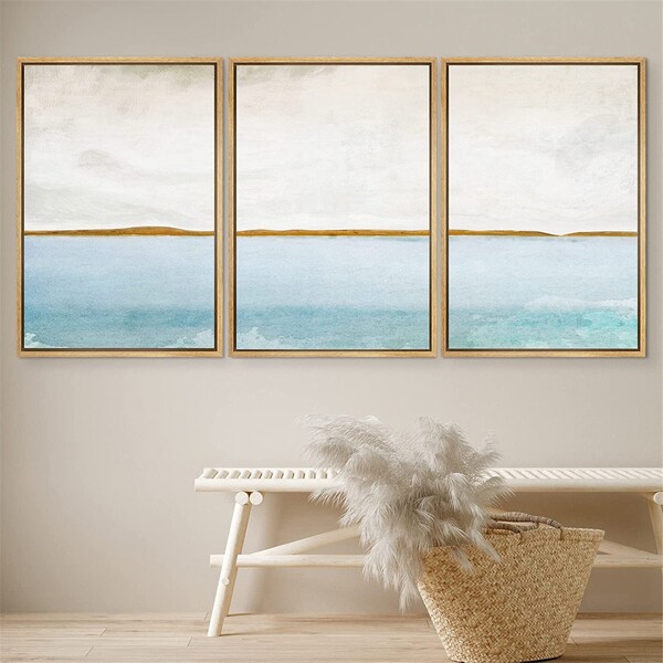 DustinWay Framed Canvas Print Wall Art Set Blue Gold Abstract Landscape Modern Art Minimalist Decor