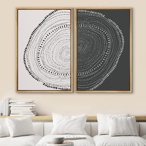 DustinWay Framed Canvas Print Wall Art Set of 2 Spiral Dot Pattern Abstract Wood Tree Rings Illustrations Modern Art Minimalist Boho Decor