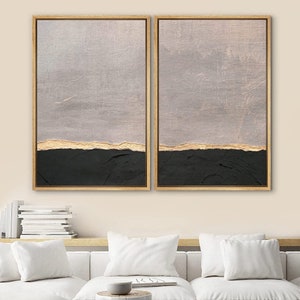 DustinWay Framed Canvas Print Wall Art Set of 2 Gray Sky Golden Horizon Landscape Abstract Modern Art Minimalist Decor