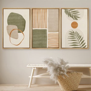 DustinWay Framed Canvas Print Wall Art Set of 3 Tropical Leaves Abstract Shapes Illustrations Mid Century Modern Art Boho Decor bundle of 3 -NATURAL