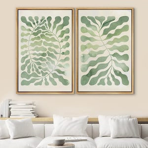 DustinWay Framed Canvas Print Wall Art Set of 2 Sage Green Botanical Leaf Illustrations Modern Art Minimalist Decor