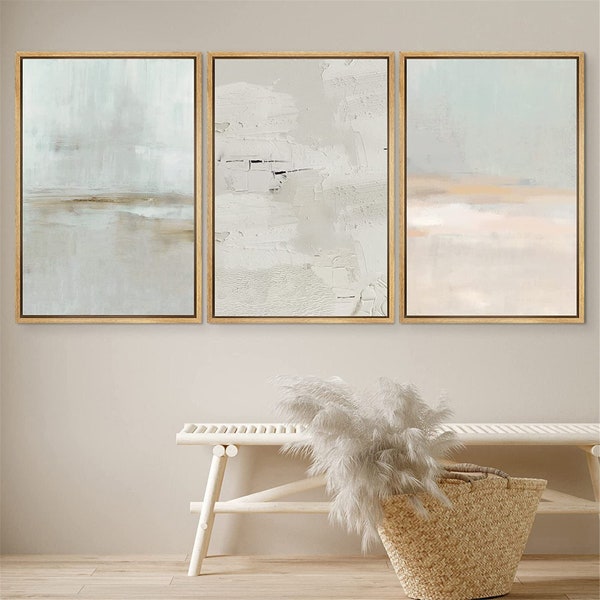 DustinWay Framed Canvas Print Wall Art Set Teal Beige Gray Pastel Abstract Painting Modern Art Minimalist Decor